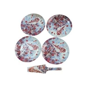 Judy Buswell Winter Watch Bird Dessert Plate Set of 4 with Cake Server Baum Bros